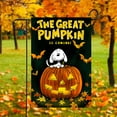 thumbnail image 3 of "1pc 2D flat" features the charming "Great Pumpkin is coming!" The designed garden flag is an ideal choice for decorating gardens, courtyards, and outdoor Spaces, enhancing your Halloween decor. Doub, 3 of 5