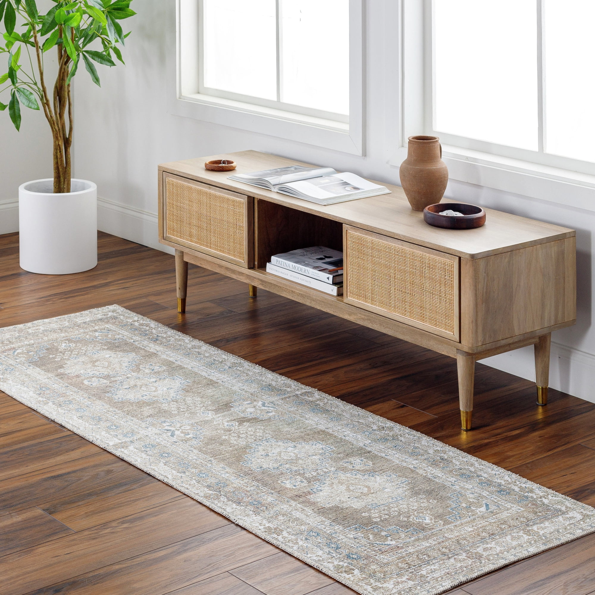 Better Homes & Gardens Geo Medallion Runner Washable Non-Skid Area Rug, Sage, 2'5" x 7'