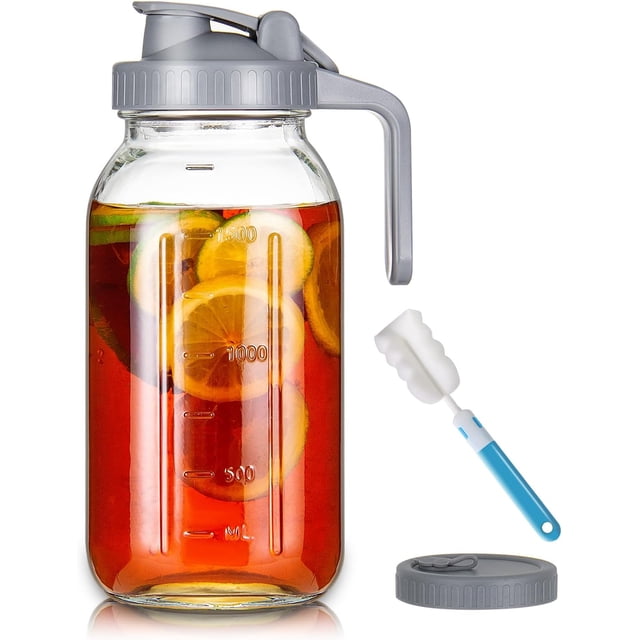64oz Glass Pitcher with Lid, 2 Quart Mason Jar Pitcher with Pour Spout Lids, Wide Mouth Jar Leakproof Glass Jug, Heavy Duty Container for Water, Juice, Milk, Tea, Iced Coffee, and Drinks -Grey