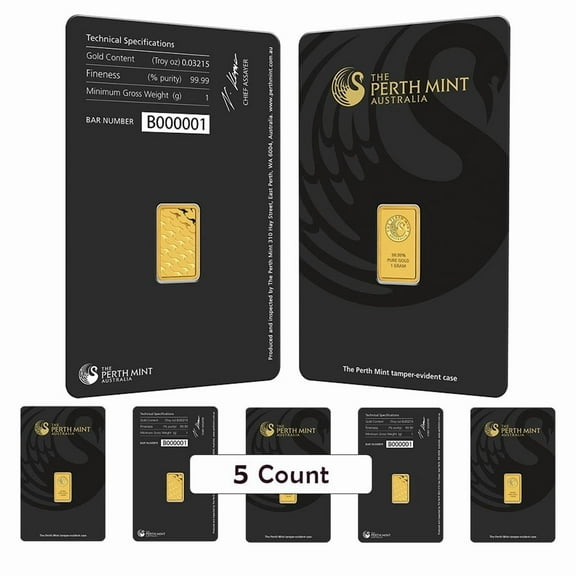 Lot of 5 - 1 Gram Perth Mint Gold Bar .9999 Fine (in Assay)