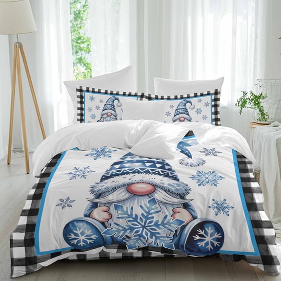 Queen 4 Piece Bedding Set Winter Blue Gnome Snowflake Soft Breathable Duvet Cover with Pillow Shams, Black White Plaid Duvet Cover Set Bed Sheets for Bedroom Dormitory Guest Room