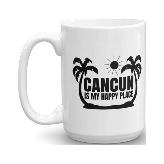 Cancun Is My Happy Place Palm Print Mexico Travel Themed Coffee & Tea Gift Mug, Pen Cup, Souvenir, Ornament, Collection Items, Décor, Accessories, Birthday Gifts And Novelties For A Traveler (15oz)