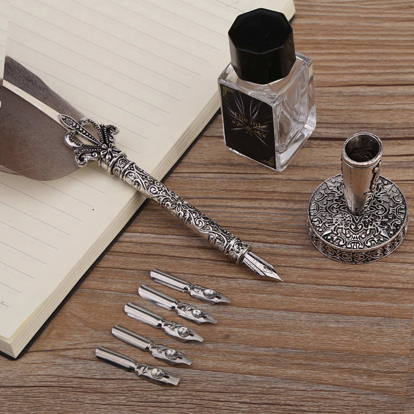 English Calligraphy Feather Dip Quill Pen Writing Ink Set Stationery Gift Box with 5 Nibs