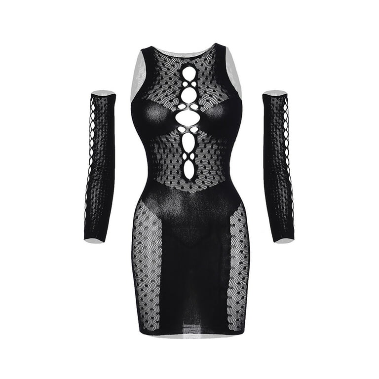 Pimfylm Womens Lingerie Women's Mesh Lingerie Fishnet Mini Dress Free Size Bodysuit  Black One Size 