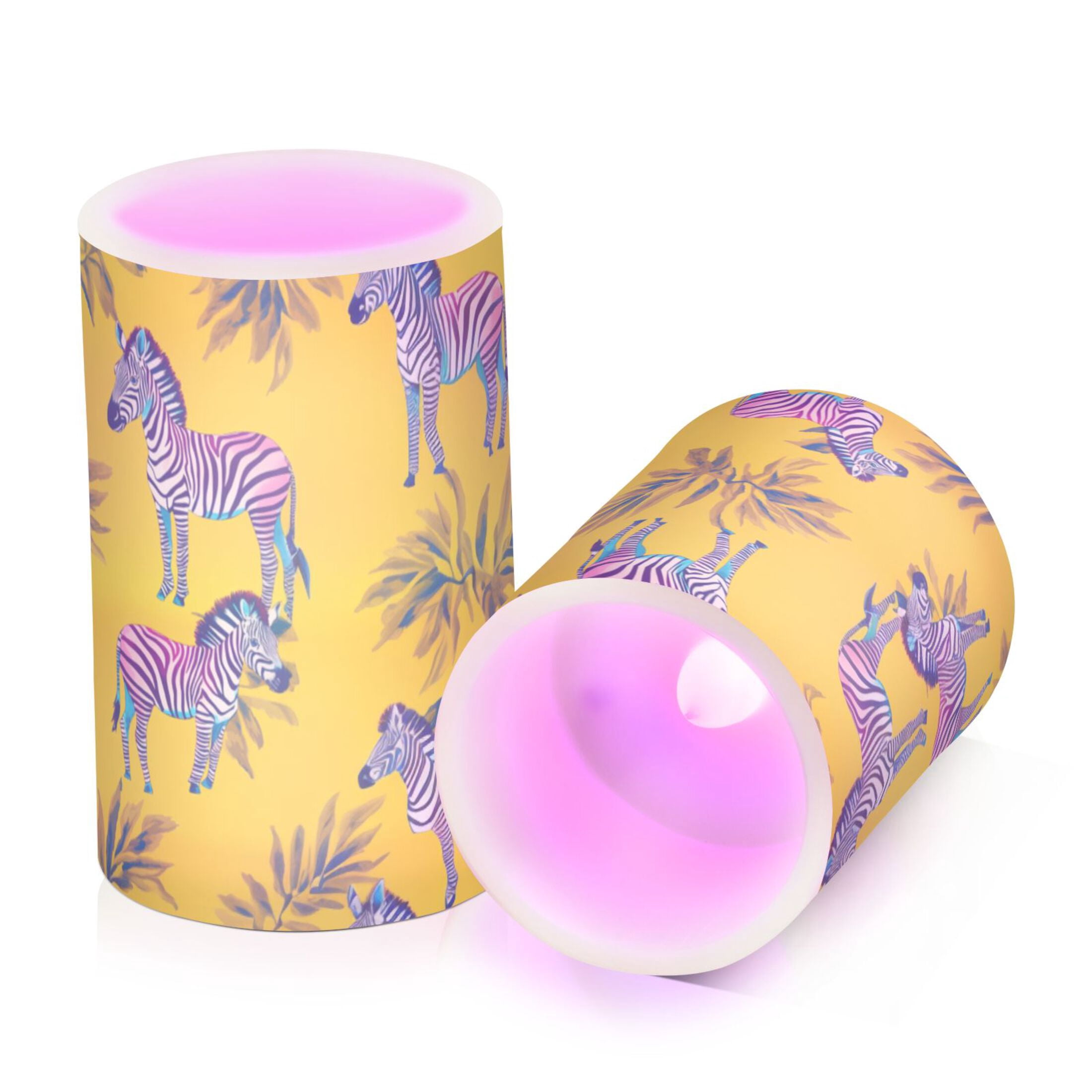 Zebra Print on Yellow Flickering Flameless Candles Battery Operated with Remote Timer LED Pillar Candles Set of 2
