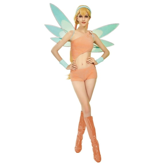 [Officially Licensed] Winx Club Stella Fairy Costume for Women Orange Top and Shorts with Wings, L