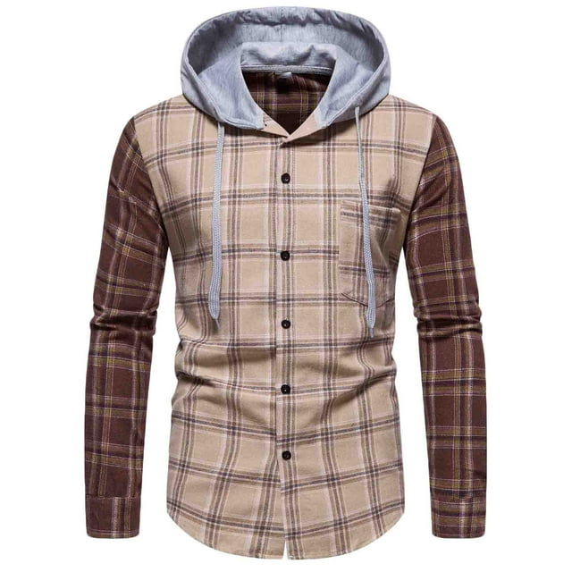 Birdeem Men Casual Turndown Long Sleeve Button Closure Plaid Print Hooded Shirt