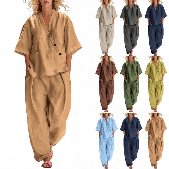 Linen Sets for Women 2 Piece Cotton 3/4 Sleeve Wrap Top And Wide Leg Pants Loose Fit Summer Outfit for Travel Beach