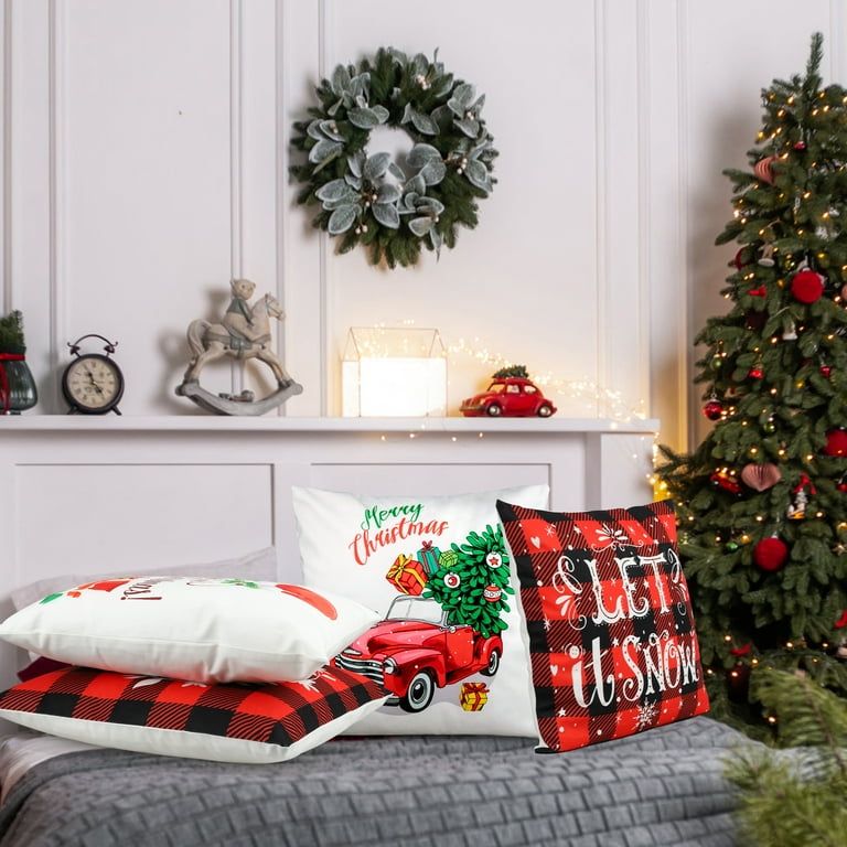 Christmas Decorations Christmas Pillow Covers 18x18 Inches Set of 4  Farmhouse Buffalo Plaid Black and Red Throw Pillow Case Winter Holiday Christmas  Decor Home Sofa Couch Cushion Indoor Decorations 