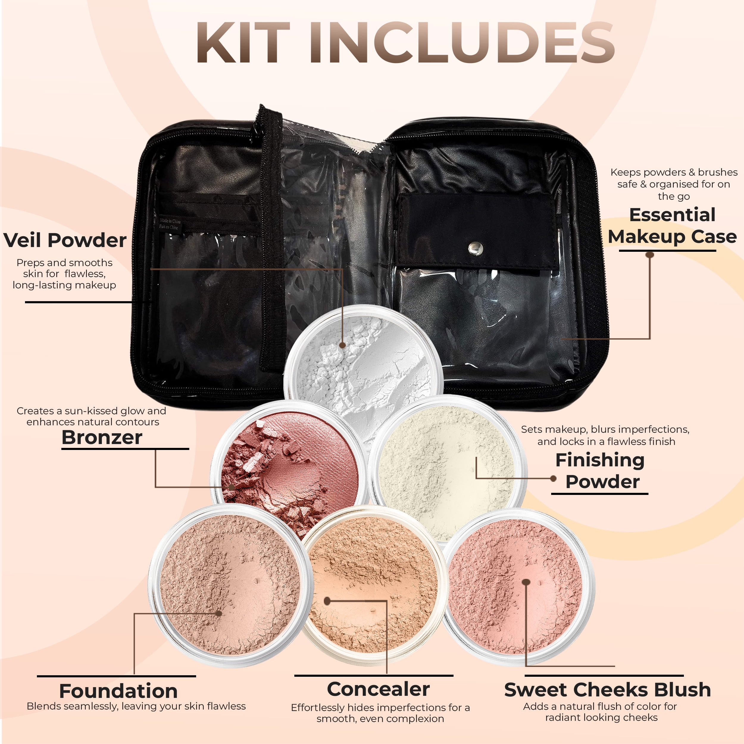 XXL KIT with CASE (LIGHT TAN) Mineral Makeup Set Bare Face Matte Powder Foundation