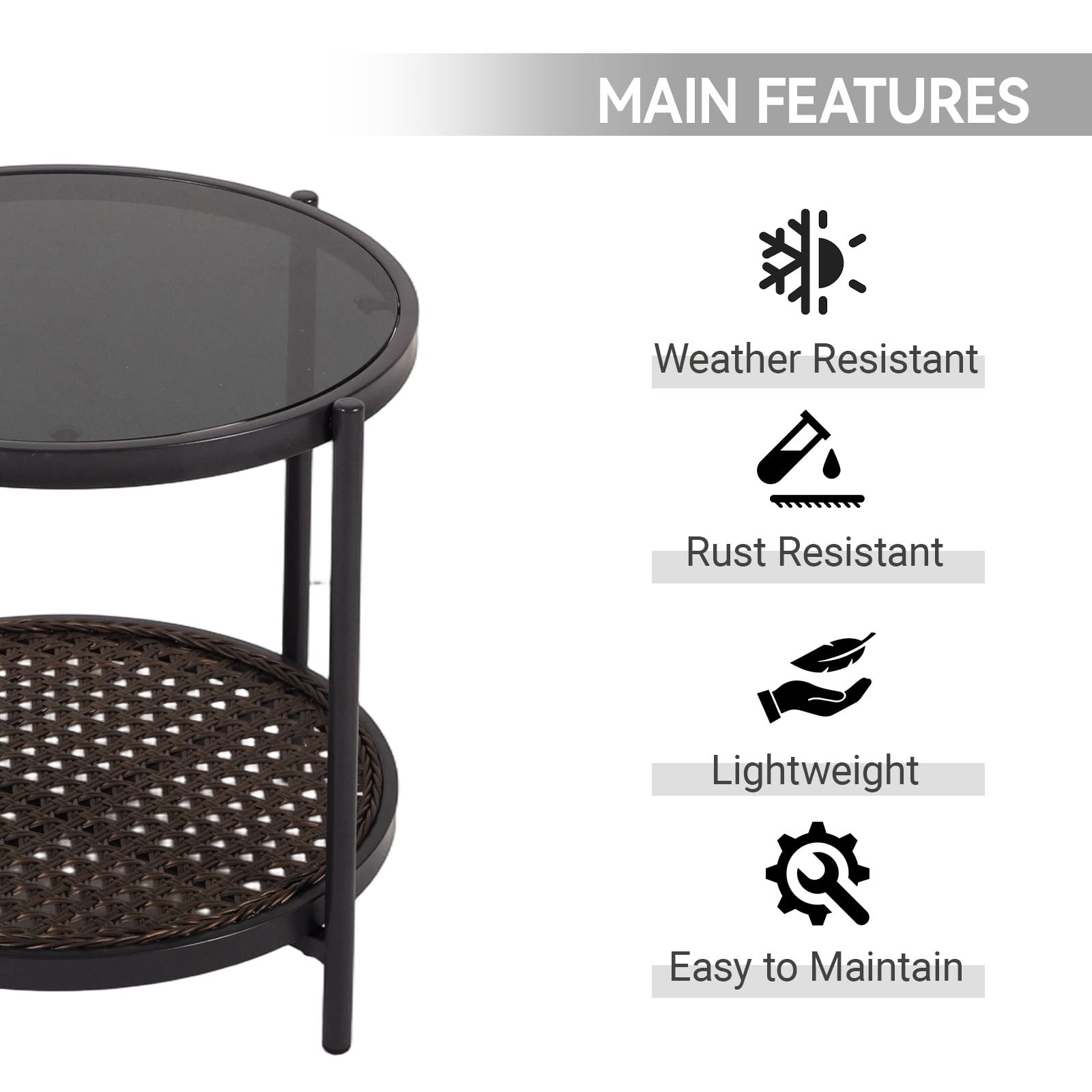 Kinbor Outdoor Wicker Side Table – Roud Patio End Table with Tempered Glass Top, Rubber Suction Pads & Storage Shelf, All-Weather Rattan Coffee Table for Balcony, Porch, Deck, Garden, Easy Assembly