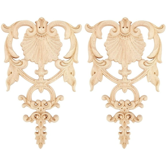 2PCS Carved Wood Appliques Onlays Wooden Decal Corner Frame 7.5x4.6inch Unpainted Wooden Onlay Wood Carving Appliques DIY