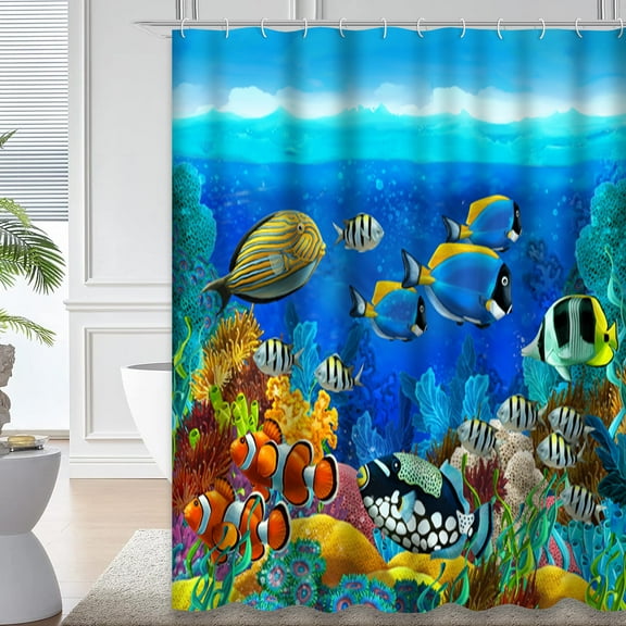 LALILO Coral Reef Children Cartoon Aquarium Sea Fish Water Underwater Shark Shower Curtain, 72x72 in, 12 Hooks