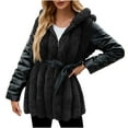 thumbnail image 3 of HTNBO Women's Faux Fur Coats with Hood Thicken Moto Biker Jackets Warm Winter Coats Belted Fleece Fuzzy Sherpa Trench Coats, 3 of 7