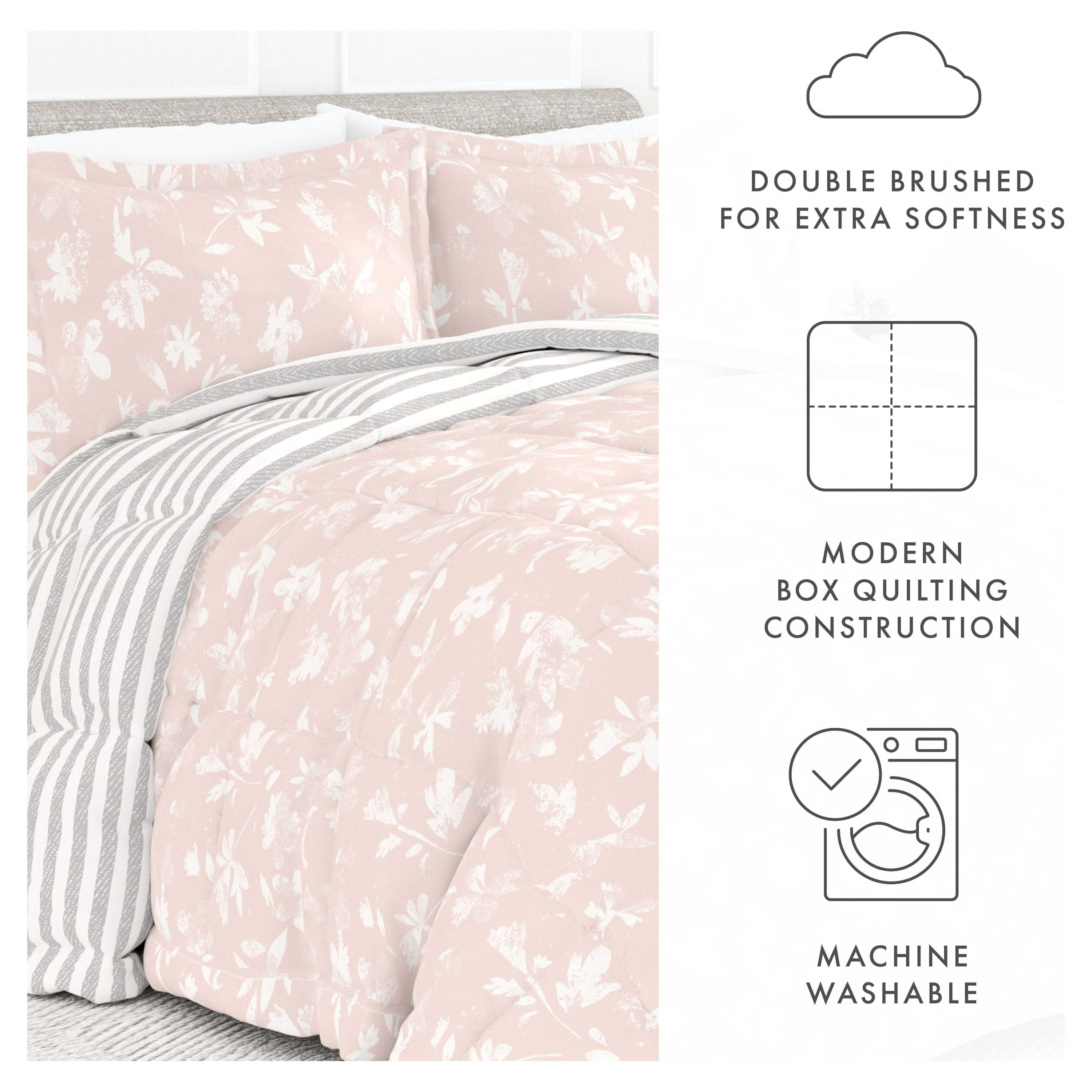 Noble Linens 3-Piece Pink Pressed Flowers Reversible Print Comforter Set, Full/Queen