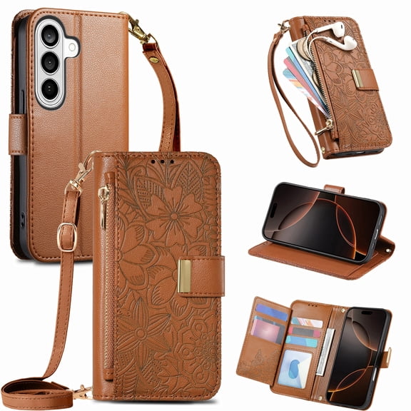 Lunvic Wallet Case for Samsung Galaxy S26 , Zipper Pocket PU Leather Embossed Floral Flip Folio Cover, Card Slots, Cash Pocket, Kickstand, Wrist Strap, Brown