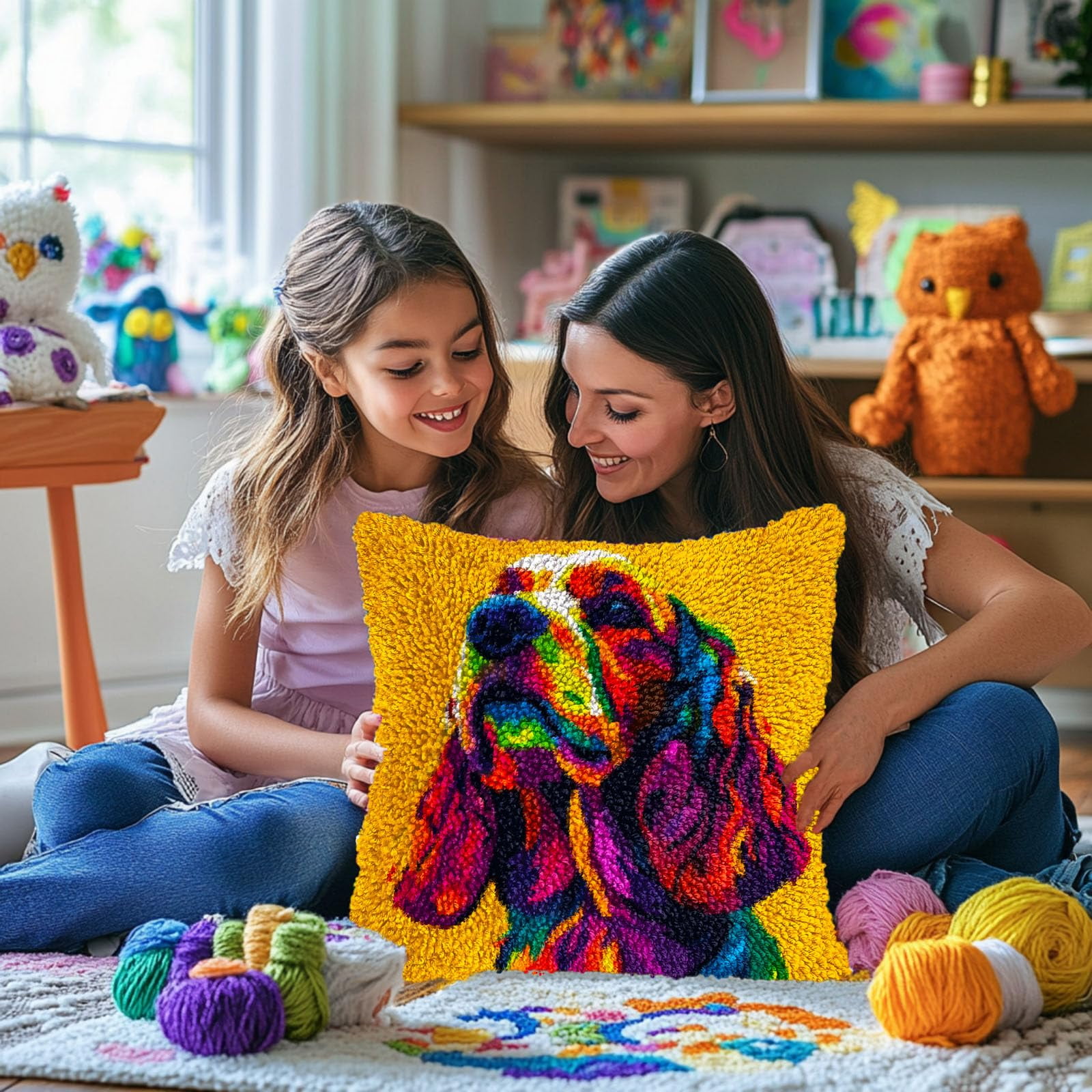 Colorful Cocker Dog DIY Latch Hook Pillow Kits for Adults Printed Pillowcase Crochet Yarns Hooking Handmade Pillow Cover Cushion for Home Sofa Decoration 17x17inch