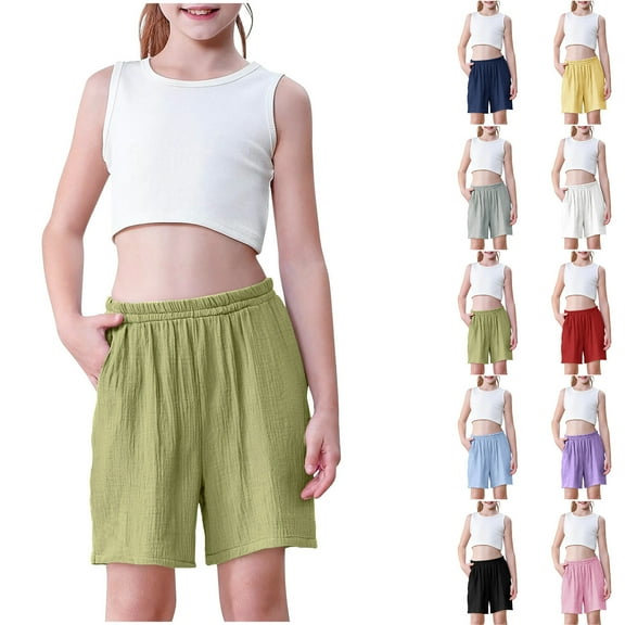 MKOSPLRT 3-14 Years Bermuda Shorts for Kid Elastic Waist Linen Shorts Solid Casual Wide Leg Shorts Lightweight Beach Vacation Shorts with Pocket