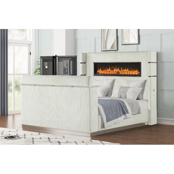 Modern Queen Bed Featuring Fireplace in Headboard & TV Stand in Footboard (Beige Wood)