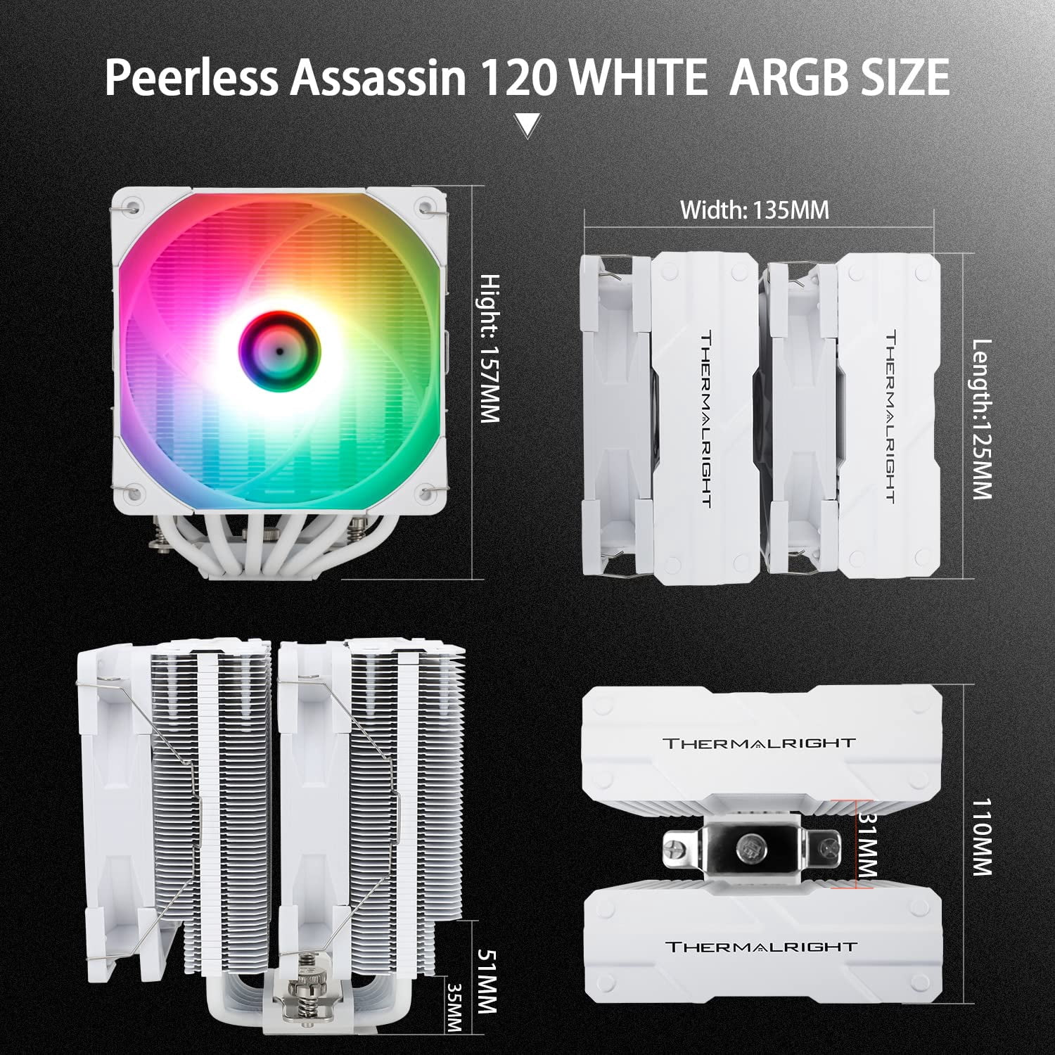 Thermalright Peerless Assassin 120 White ARGB CPU Air Cooler,6 Heat Pipes,TL-C12W-S PWM Fan,Aluminium Heatsink Cover, AGHP Technology,for AMD AM4/AM5/Intel LGA 1700/115X/1200/2011/1851