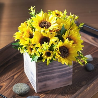Enova Home  Artificial Mixed Silk Sunflowers Fake Flowers Arrangement in Natural Wood Planter for Home Office Decoration