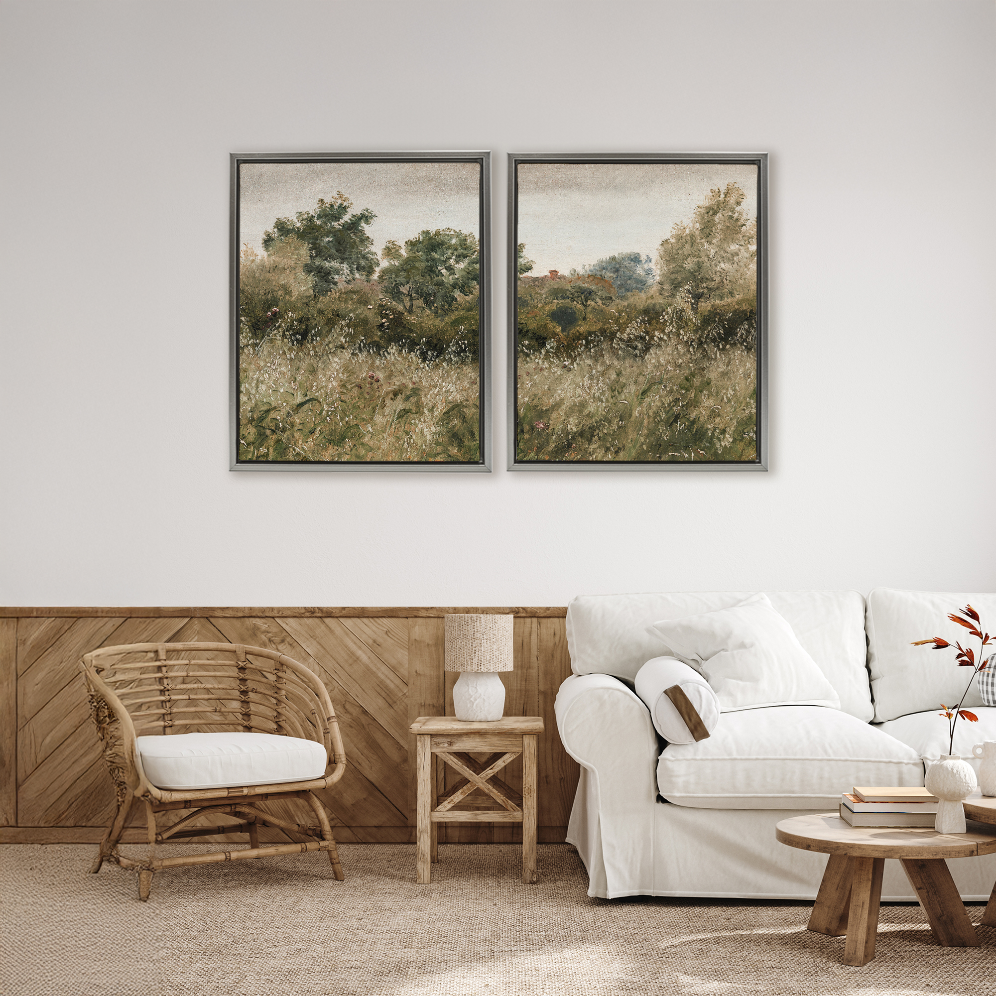 Rural Foliage Thicket 2 Piece Gray Framed Floater Canvas Set, design by Lettered and Lined