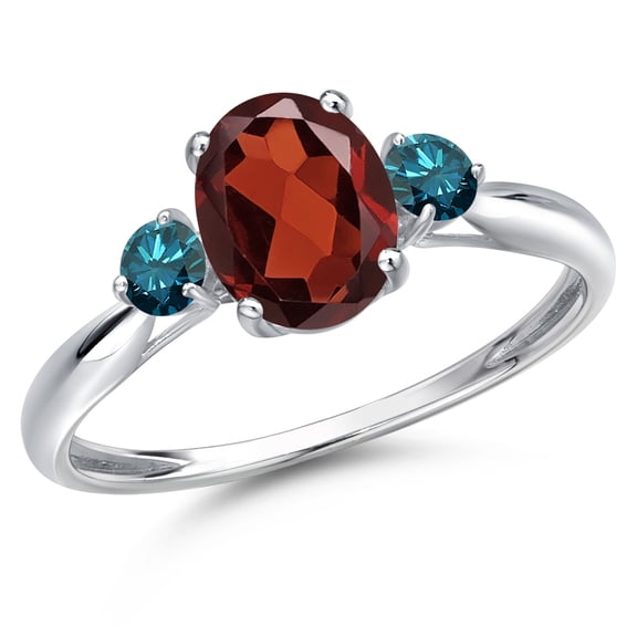 Gem Stone King 10K White Gold Red Garnet and Blue Diamond 3-Stone Ring for Women | 1.70 Cttw | Oval 8X6MM | Gemstone January Birthstone | Size 9