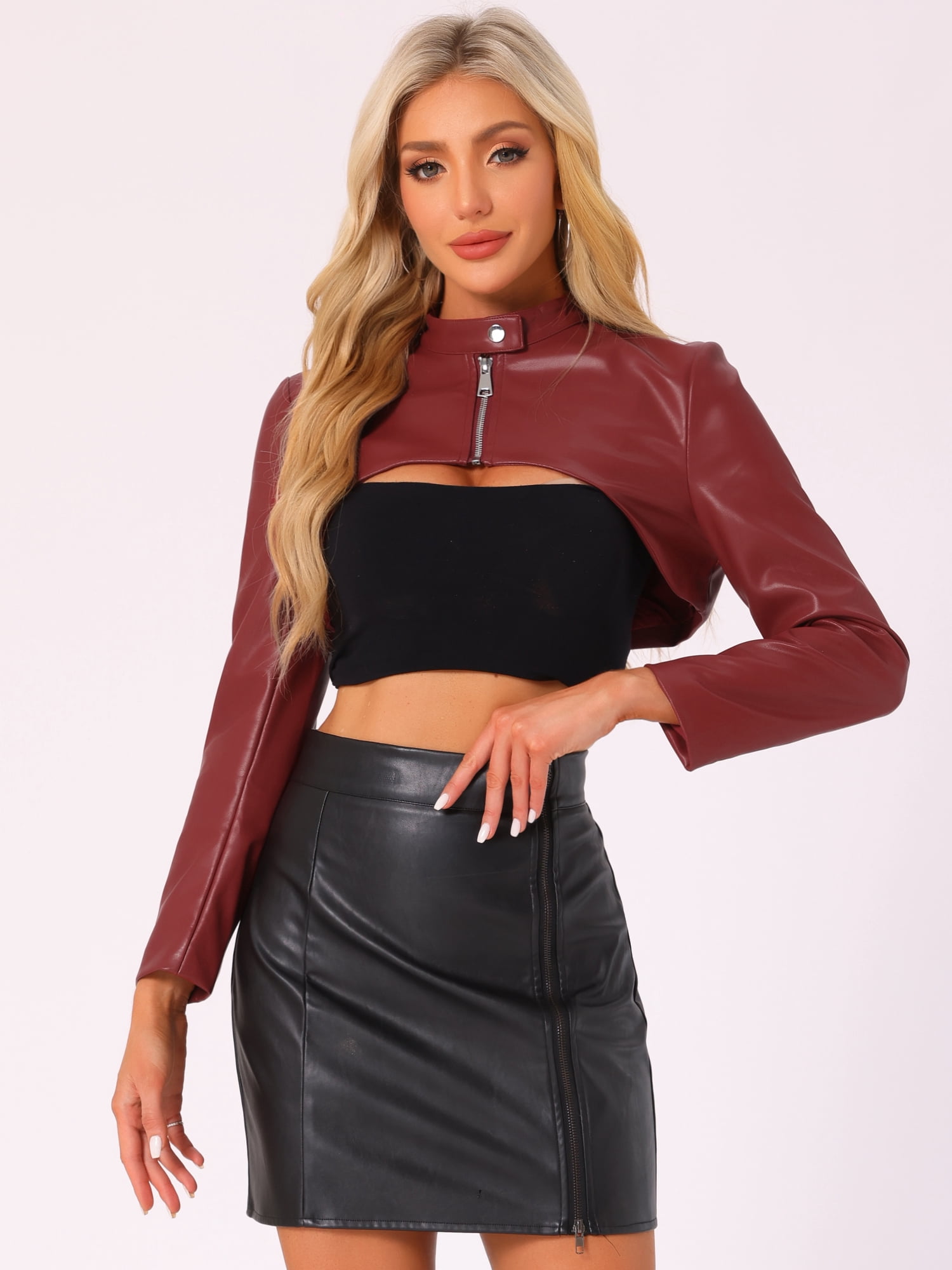 DARING DIVA Women's Faux Leather Cropped Stand Collar Zipper Front Moto Jacket L Dark Red