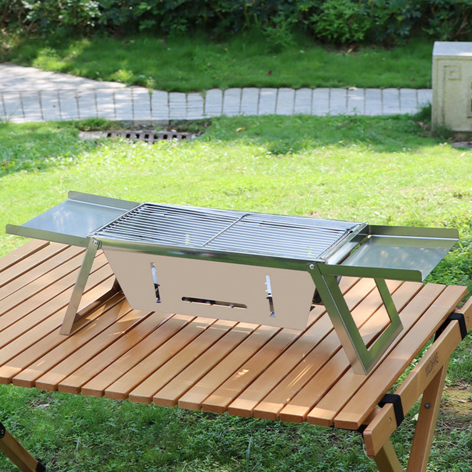Outdoor Foldable Portable Stainless Steel BBQ Grill, Charcoal Barbecue Smoker with Rack, Camping Patio Picnic Compact Grilling Cooker(As show)