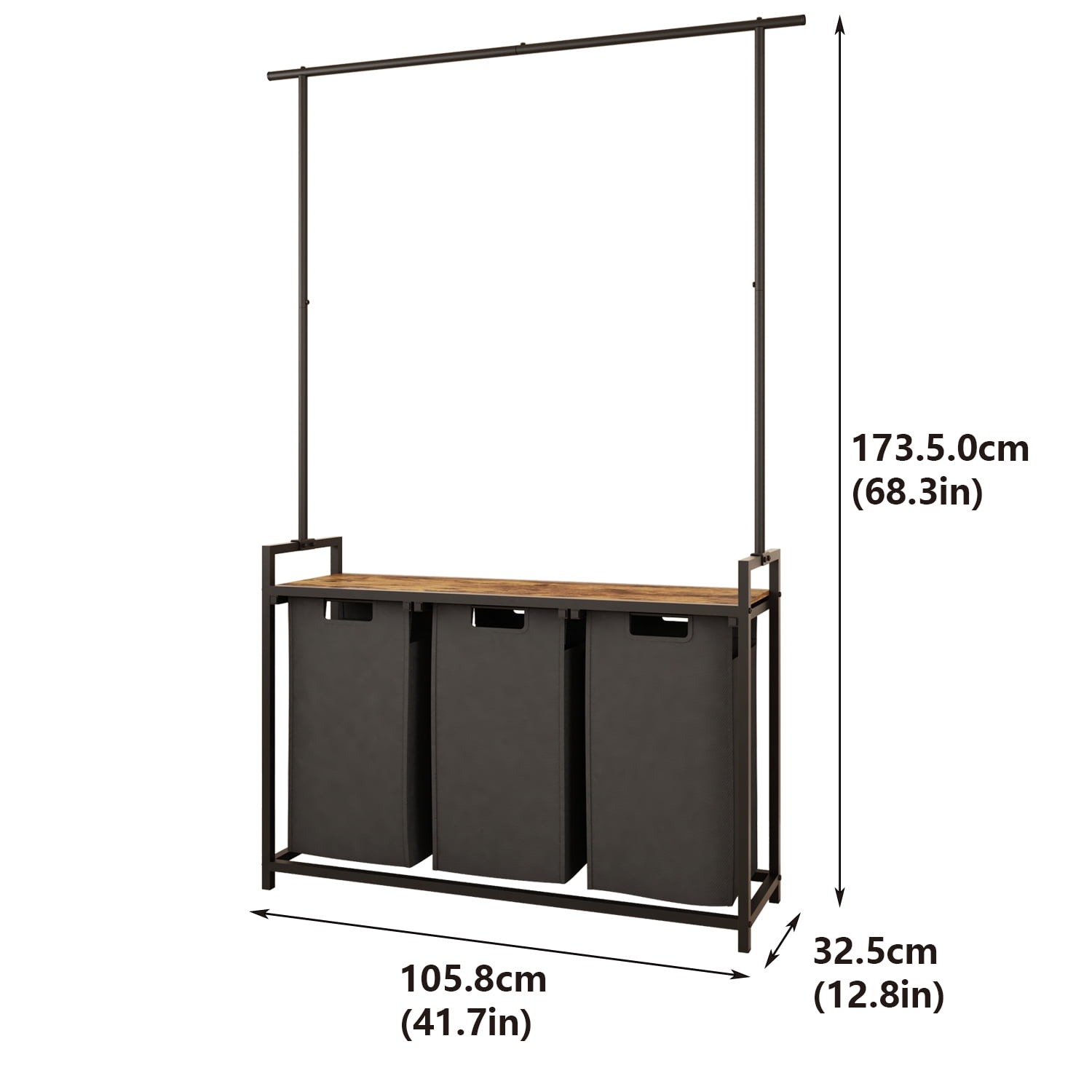 LENLN Large Laundry Hamper with Clothes Rack Hanging Bar, 3 Section Pull-Out & Removable Sorter Bags, Freestanding Laundry Basket Organizer for Bathroom