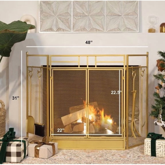 Fireplace 3 Panel Screen Spark Guard Hinged Doors With (4-Fireplace Tool) Gold