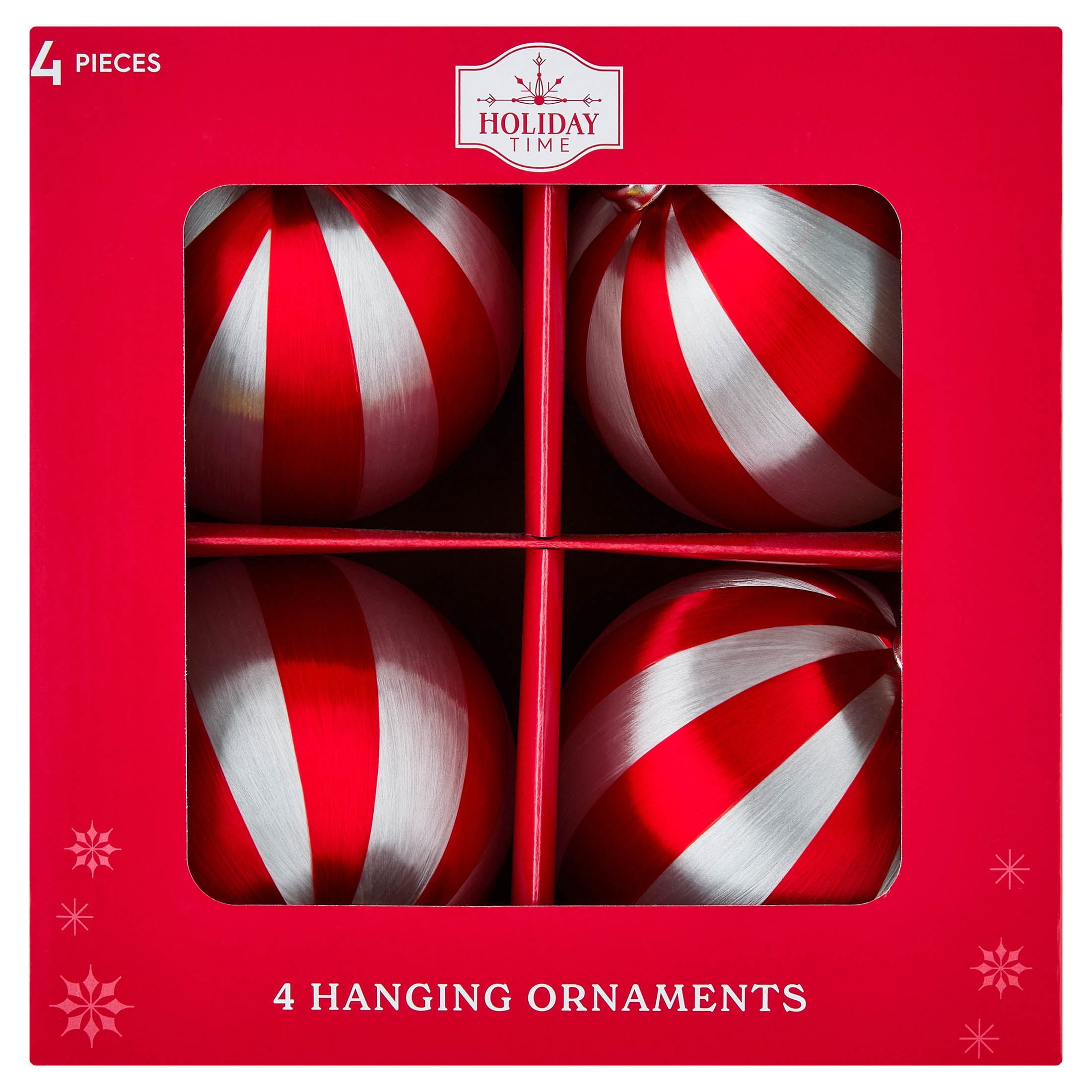 4-Count Red and White Stripe Ball Christmas Ornaments, 4", by Holiday Time