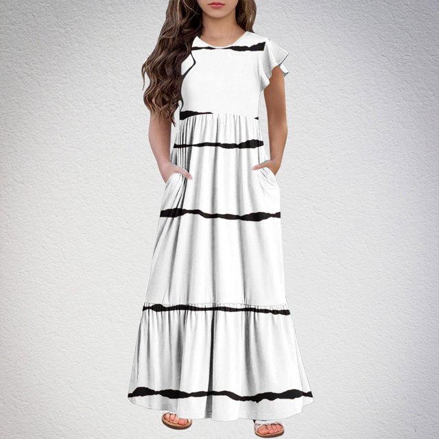 LOVZFMLL Robe Fleurie Brodée à Manches Volantes Couleur Unie pour Filles Robe d'Été à Bretelles en Maille