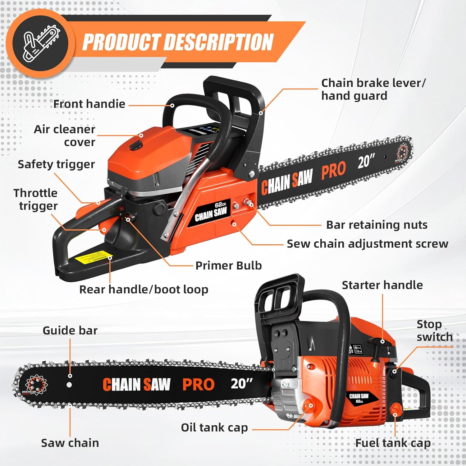 Datingday 62cc Gas Chainsaw with 2 Bars (20" & 24"), 3.5HP 12000 RPM Professional Handheld Chainsaw with Anti-Vibration & Quick-Stop Brake, for Firewood Cutting, Trimming, Felling