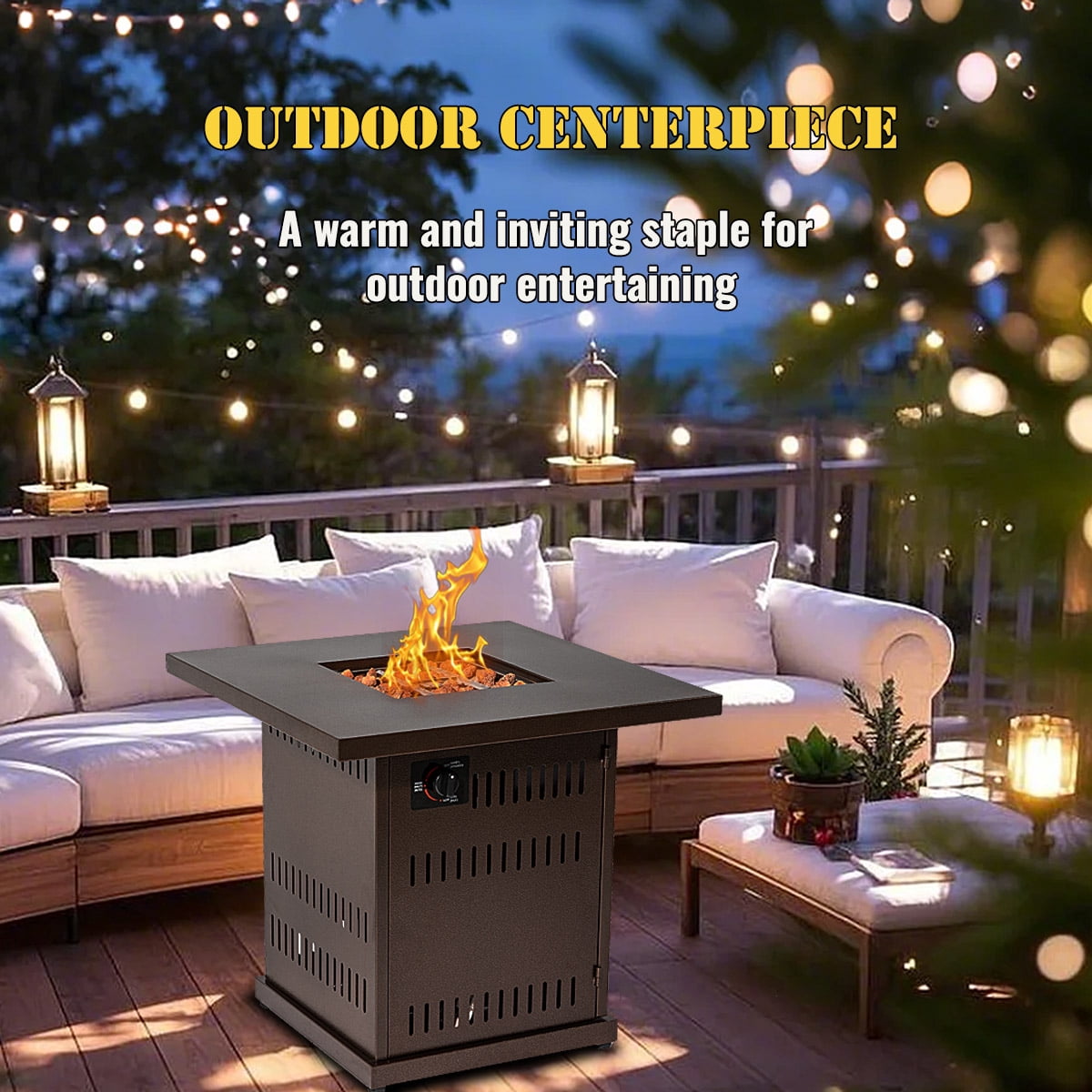 AJ Enjoy 28'' Outdoor Propane Fire Pit Table, 50,000 BTU Auto-Ignition Square Gas Firepit with Painted Steel Tabletop, Lava Rocks, Stainless Steel Lid