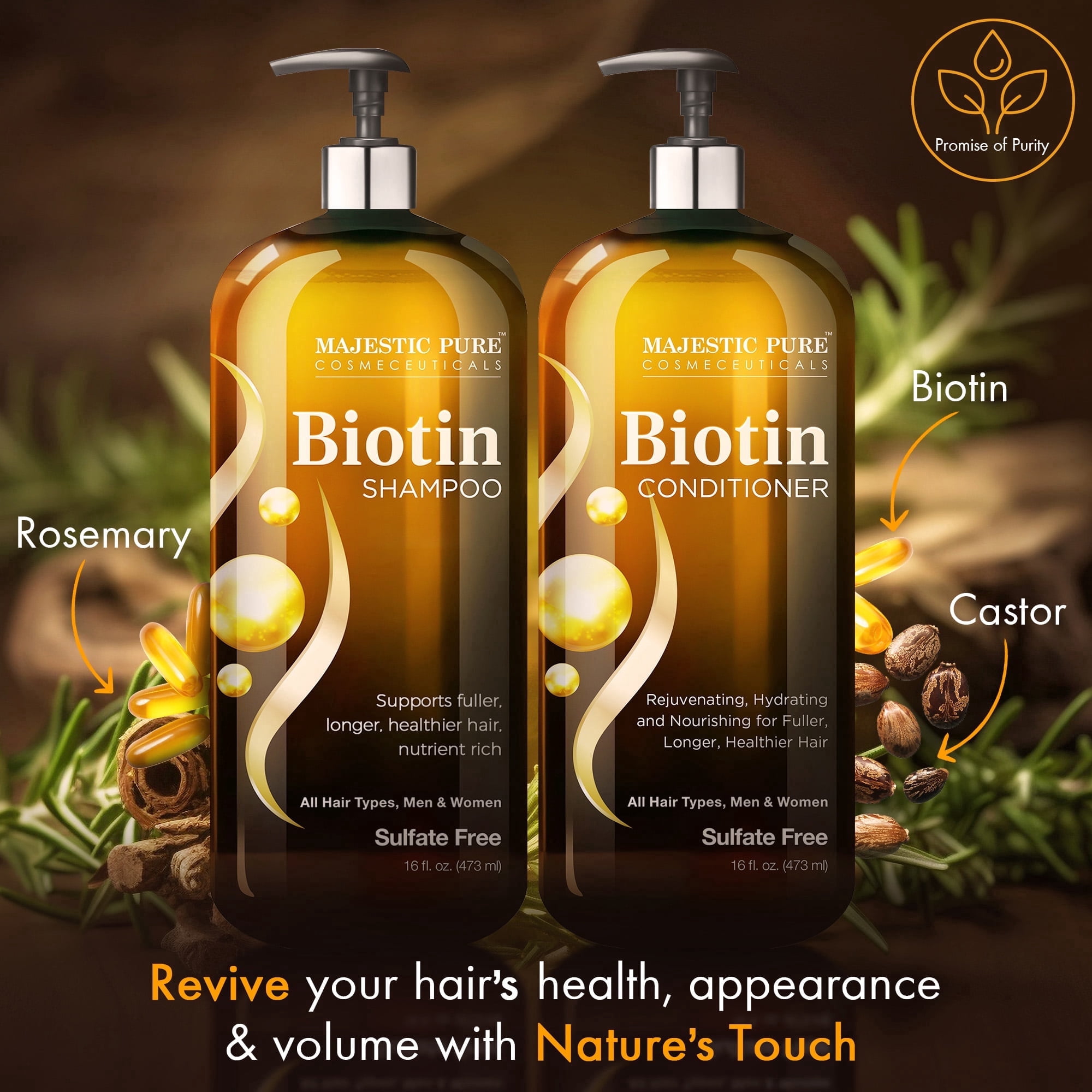 Majestic Pure Biotin Shampoo and Conditioner Set - Hydrating, Nourishing & Supporting Healthy Hair, Sulfate Free, for Men & Women - 16 fl oz Each