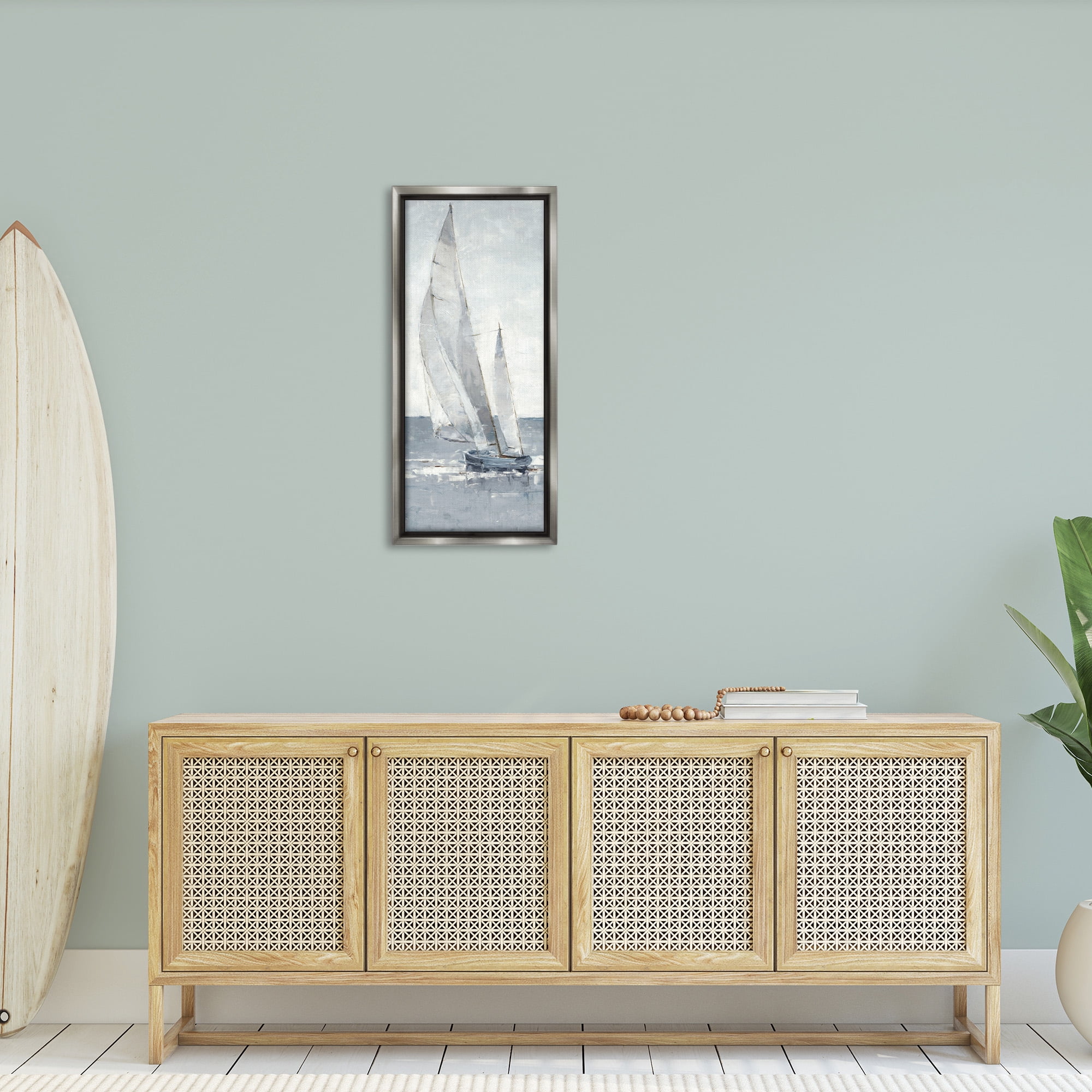 Stupell Industries Grey Sailboat Nautical Abstraction Nature Painting Gray Floater Framed Canvas Art Print Wall Art, 15 x 31