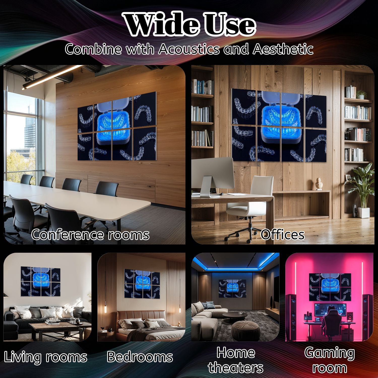Dental 8 Pack Art Acoustic Panels Sound Absorbing Plastic case invisible transparent orthodontic black Aligner Decorative Soundproof Wall Panels Self Adhesive for Physician Hospital Office 48"x32"