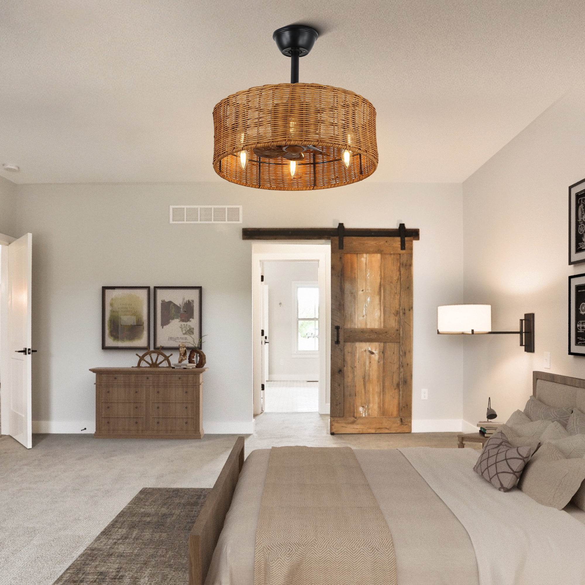 18" Bohemia Rattan Ceiling Fan with Light and Remote Control 6-speed Reversible DC Motor Farmhouse Chandelier for Bedroom