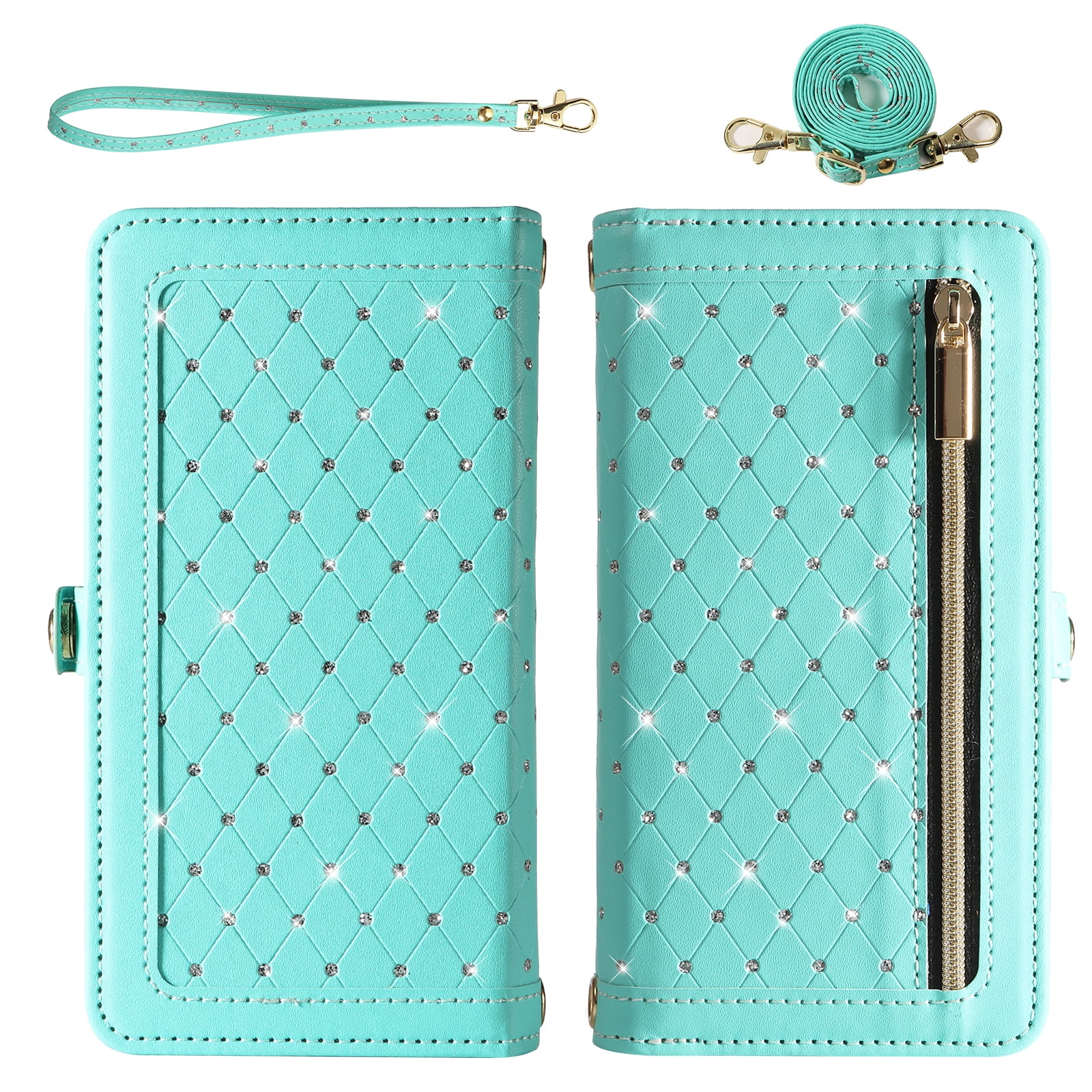 Asuwish Phone Case for Google Pixel 7A 5G 2023 Zipper Wallet Detachable Cell Cover with Tempered Glass Screen Protector Crossbody Lanyard Strap Bling Glitter Flip Card Holder Slot Pixel7A A7 Green
