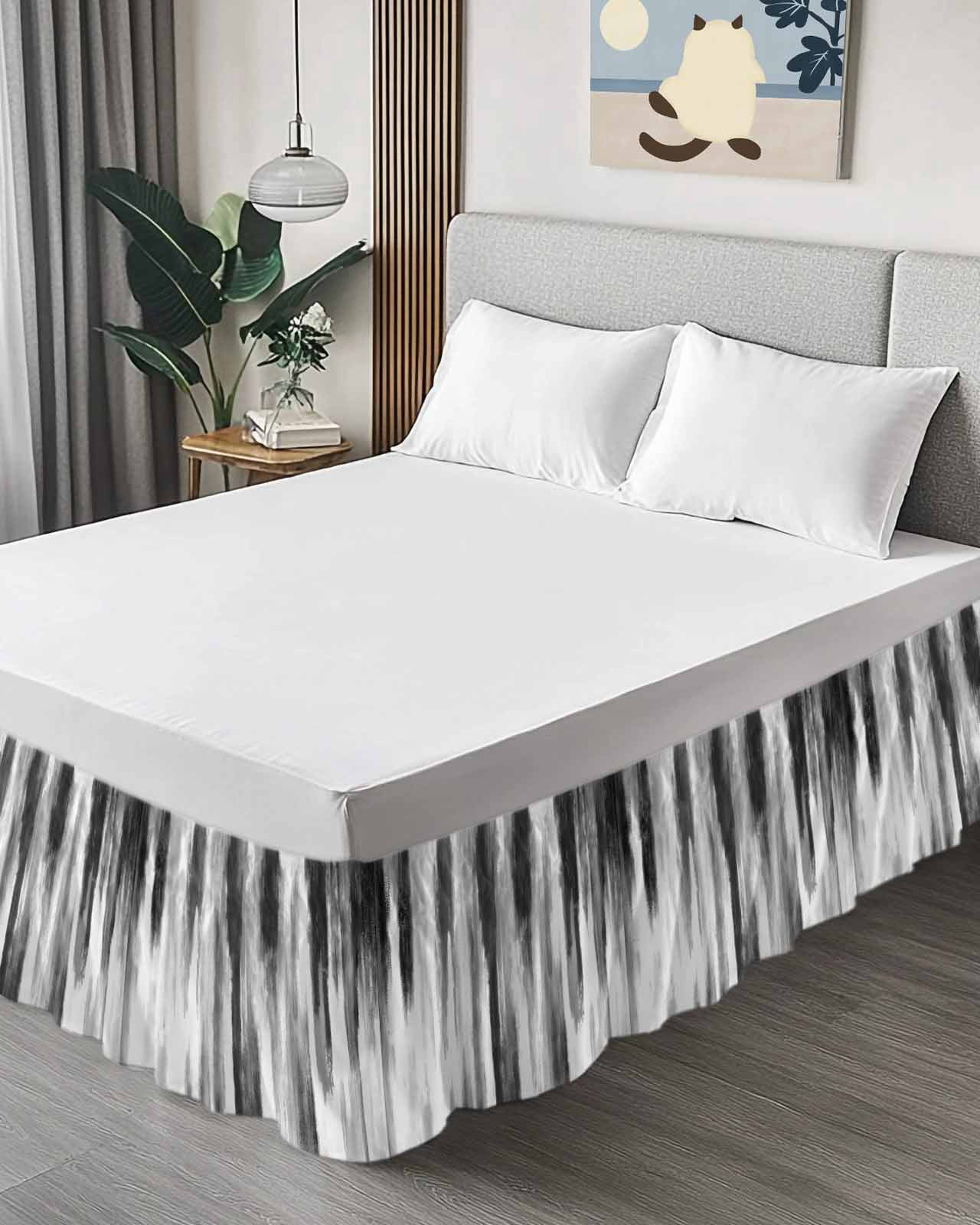 Black Gray White Bed Skirt Cal King Size, Vintage Rustic Abstract Ombre Aesthetic Wrap Around Bed Skirting with Adjustable Elastic Strap, Dust Ruffled Pleated Bedskirts 18 Inch Drop for Bedroom Beds