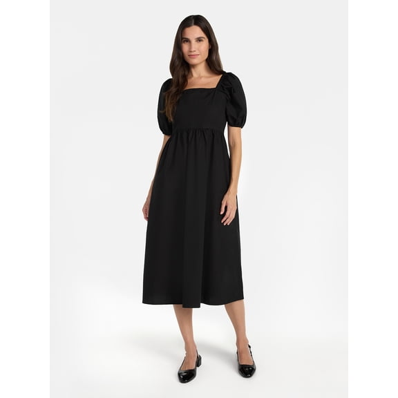 Time and Tru Women's and Women's Plus Cotton Back Tie Midi Dress with Short Puff Sleeves, Sizes XS-4X