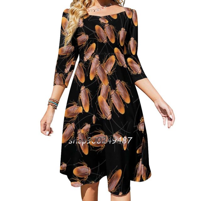 Robe Évasée Cafard Infestation Col Carré Robe Élégante Mode Féminine Imprimée Robe Cafards Insectes