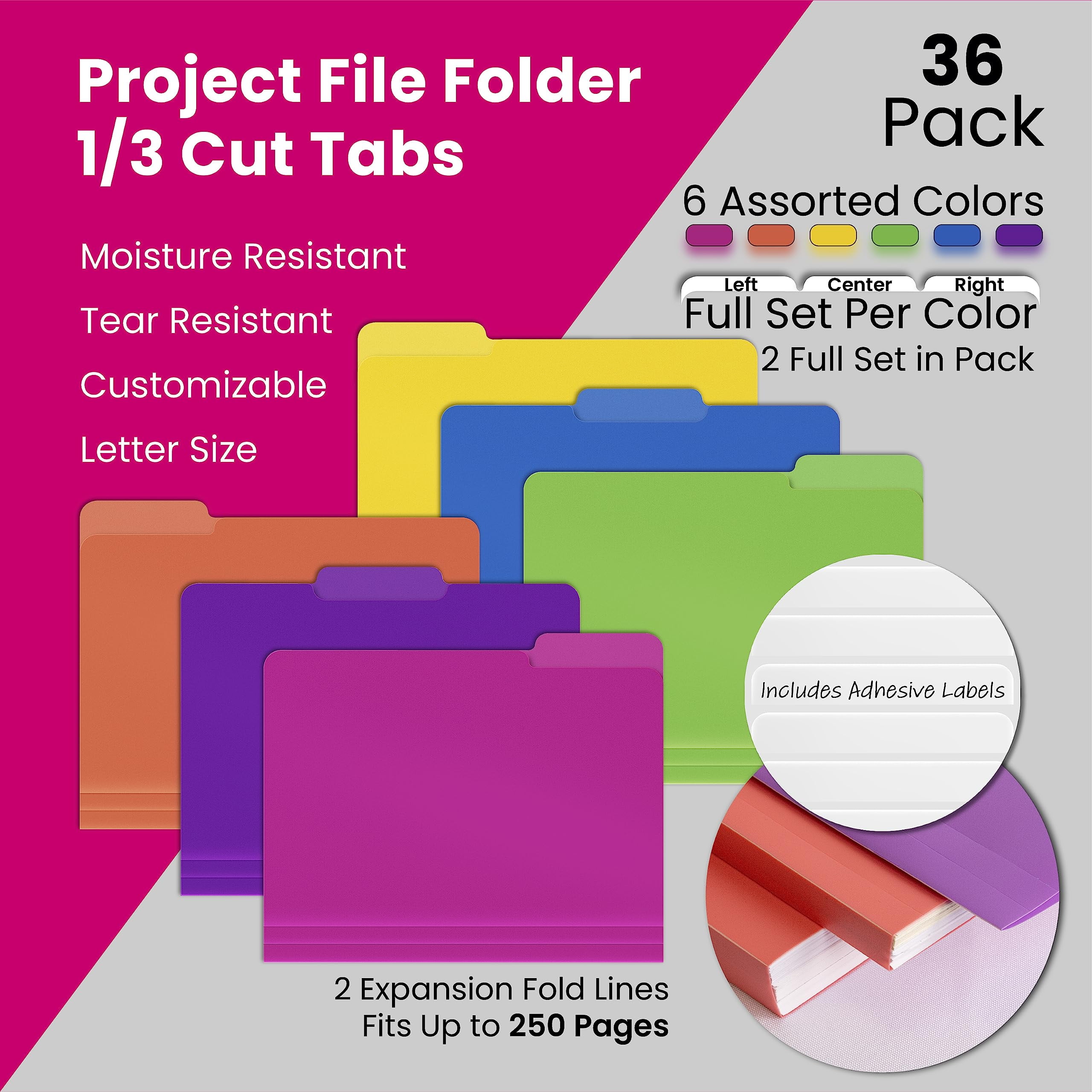 Heavyweight Poly File Folders, 1/3 Cut Tabs, 36 Pack, Assorted Colors, Letter Size, with Adhesive Labels, by Better Office Products