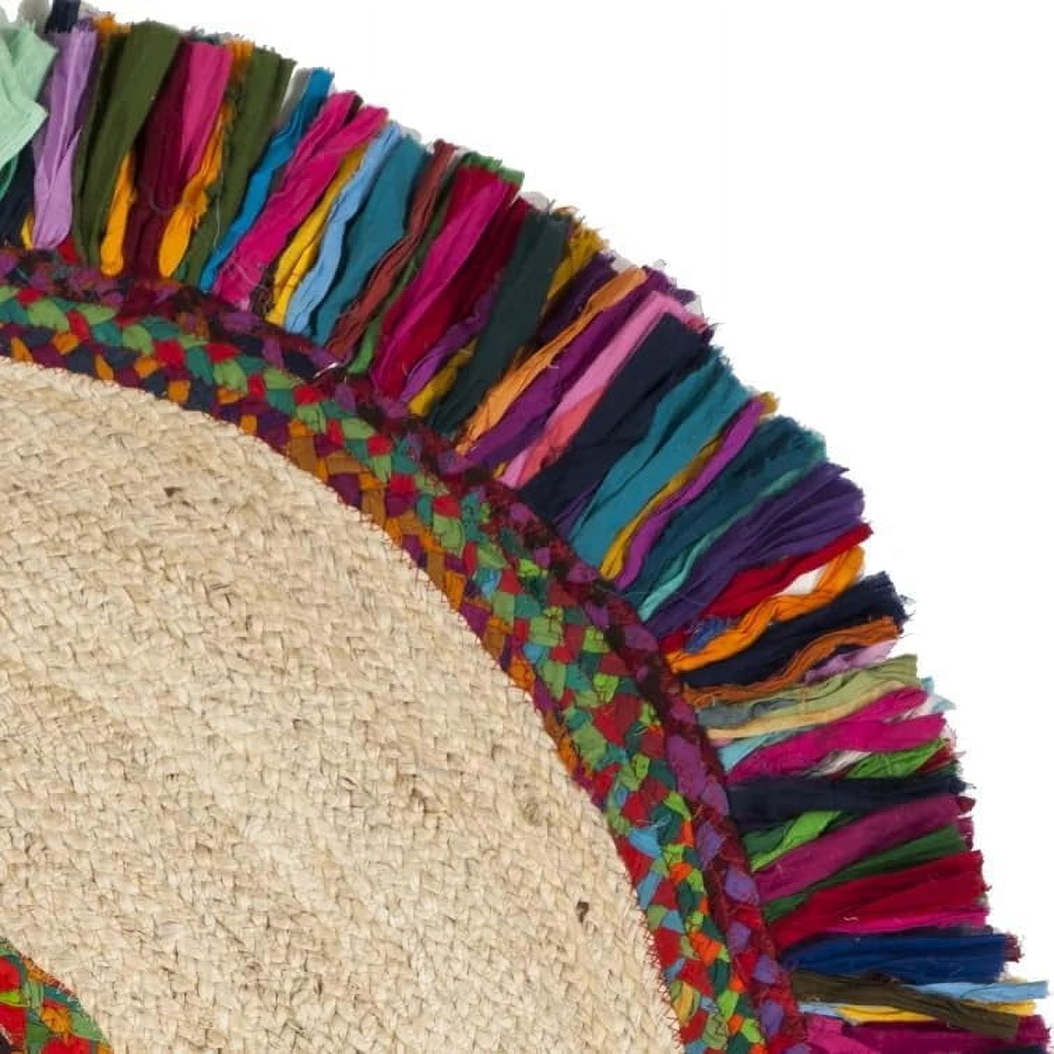 Indian Handwoven Braided Natural Jute with Multi Cotton Jhalar Round Rug, Bedroom, Entryways, Dining Room, Hallways, Kids' Rooms, Size - (6' Round)