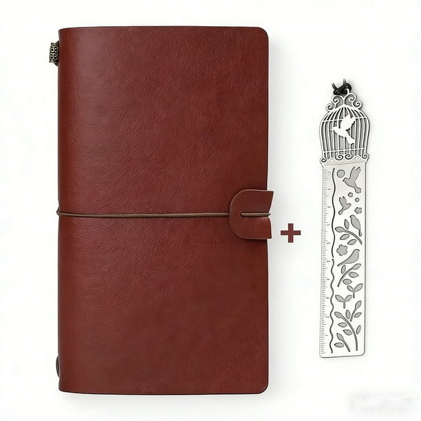 Cuaderno de Viaje Portátil Vintage A6 4.75×7.75 Pulgadas, 180 Páginas Rayadas de Papel Kraft con Separador Metálico, Regla Hueca, Bolsillos de Almacenamiento y Cierre Elástico para Escribir Diarios.