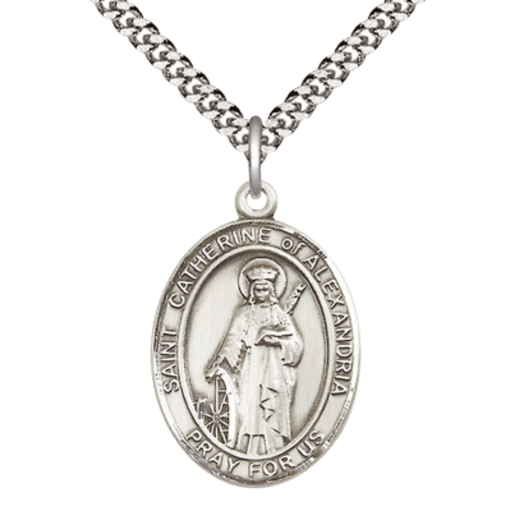 Oval Pewter Saint Catherine of Alexandria Medal Pendant on 24 inch Rhodium Plated Heavy Curb Brass Chain with Lobster Claw clasp, Catholic Religious Necklace -Made in USA- Deluxe Velvet Gift Box
