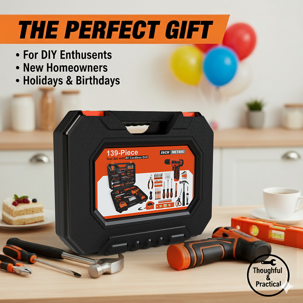 TOPHDY 139-Piece Home Repair Tool Kit with 8V Cordless Drill photo 5