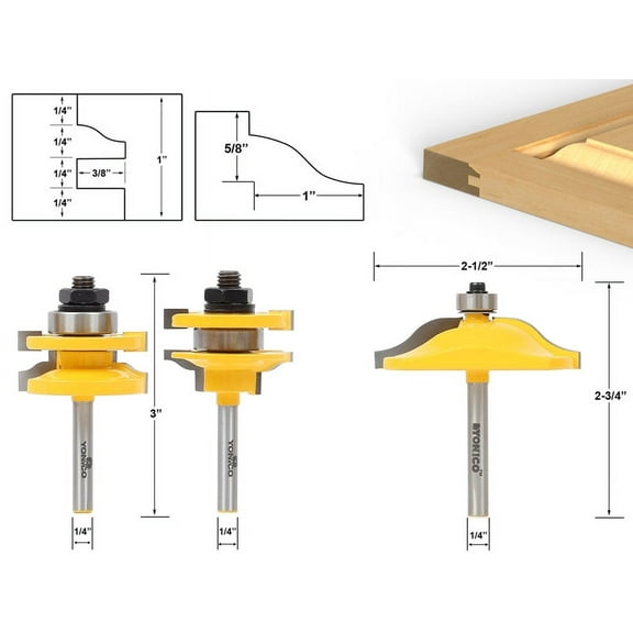 Raised Panel Cabinet Door Router Bit Set - 3 Bit Ogee - 1/4" Shank-Yonico 12338q