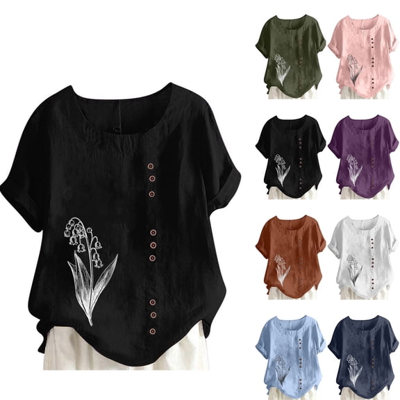 XPMWRP Women's Linen Shirts Dressy Floral Print Short Sleeve Gauze Tunic Tops Casual Summer Blouses Beach Vacation Outfits Army Green XXXXXL